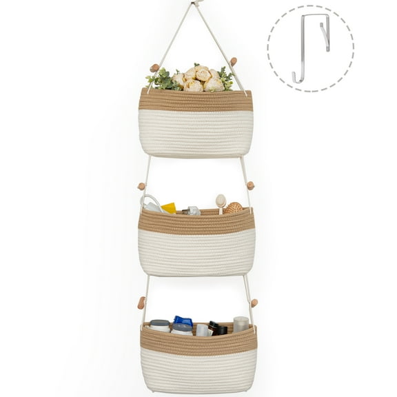 StorageWorks 3 Tier Door Hanging Storage Baskets, Wall Hanging Organizer, Cotton, Brown&White