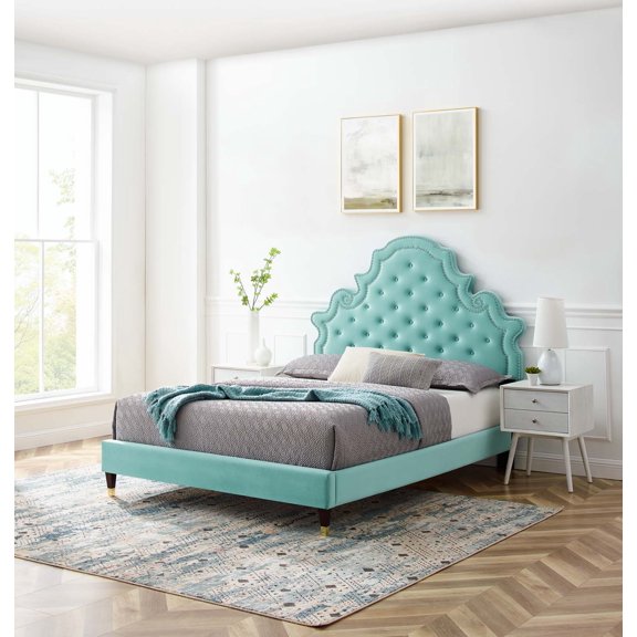 Modway Gwyneth Tufted Performance Velvet Full Platform Bed in Mint