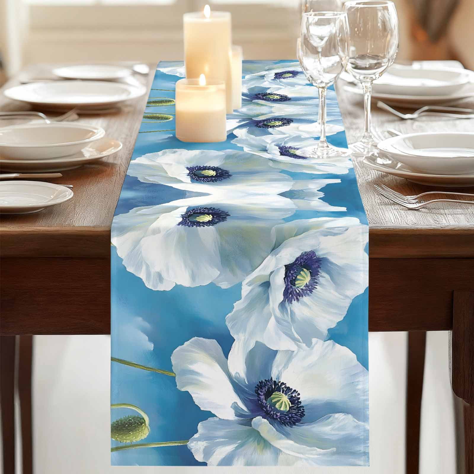 White Blue Floral 90 Inch Table Runner, Vintage Painting Art Country Spring Farmhouse Dresser Scarf Cotton & Linen Tablerunner for Dining/Kitchen Island/Holiday Party Décor 13" x 90"