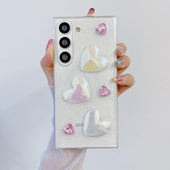 Compatible with Samsung Galaxy S24 Plus Bling Case Laser Colour 3D Crystal Love Heart Pearl Diamond Glitter Clear Case Cute Girly Women Slim Soft TPU Transparent Phone Cover