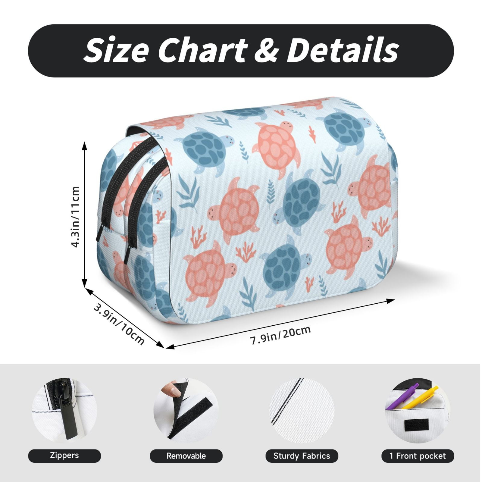 Rateoe Sea Turtle Pattern Double Clamshell Pen Case, Storage Organizer with Two Zipper Compartments– Holds Up to 50 Pencils & Pens