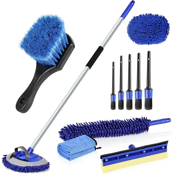 62" Car Wash Brush Mop Kit with Long Handle Car Wheel Brush Detailing Brush Microfiber Duster Windshield Window Squeegee Dry Towels, Car Washing Cleaning Kit for Cars RV Truck