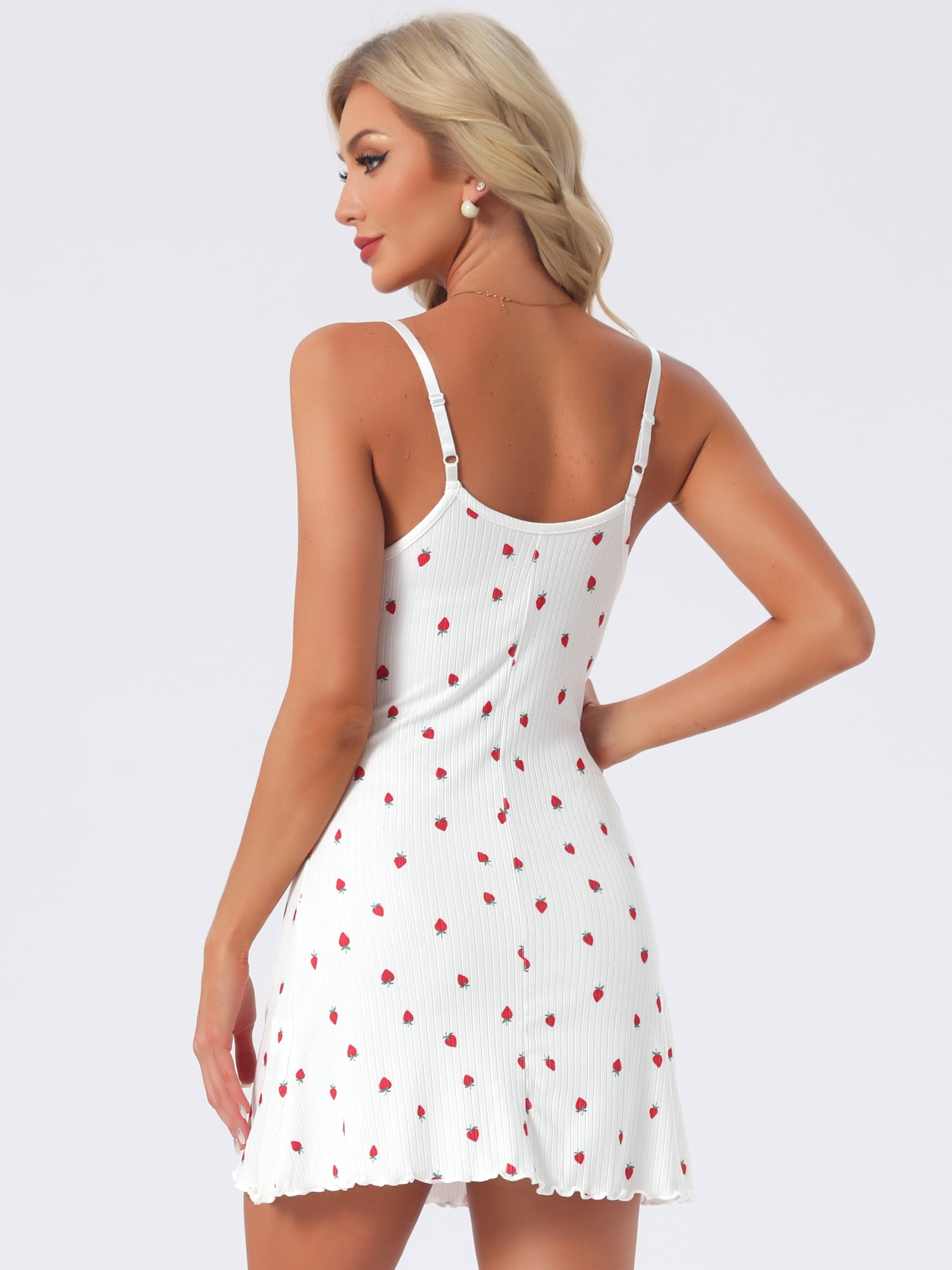 DARING DIVA Women's Ribbed Cute Print Bow Ruffle Hem Sleeveless Nightgowns M Strawberry