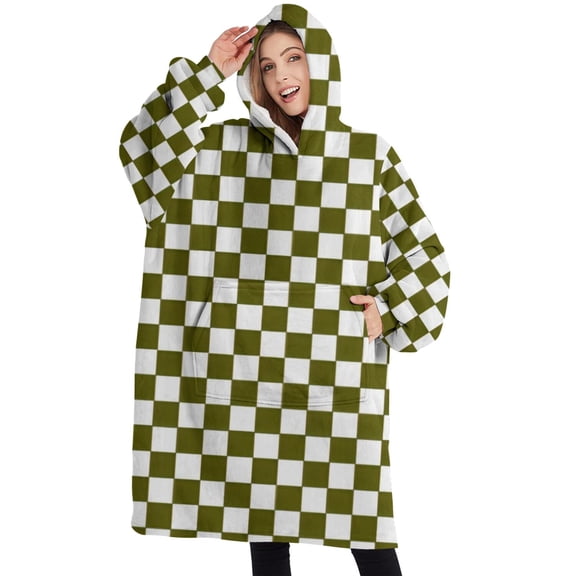 Oversized Wearable Blanket Hoodie,Olive Green and White Checkerboard Pattern Sherpa Blanket Hoodie with Super Pockets,Super Warm Fuzzy Pullover for Women & Men