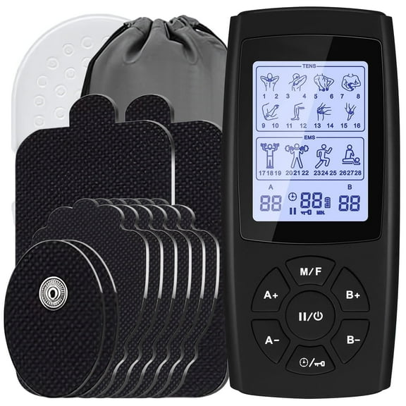 Ouwald TENS Unit Rechargeable Muscle Stimulator EMS Dual Channel with 10 Unit Replacement Electrode Pads, 28 Modes Electronic Pulse Massager for Back Neck, Black