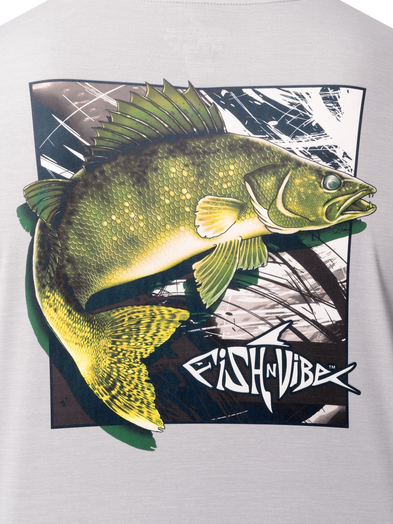 Fish N Vibe Men's Long Sleeve Performance Fishing Graphic Tee, Grey Cationic Wander Walleye, 3XL