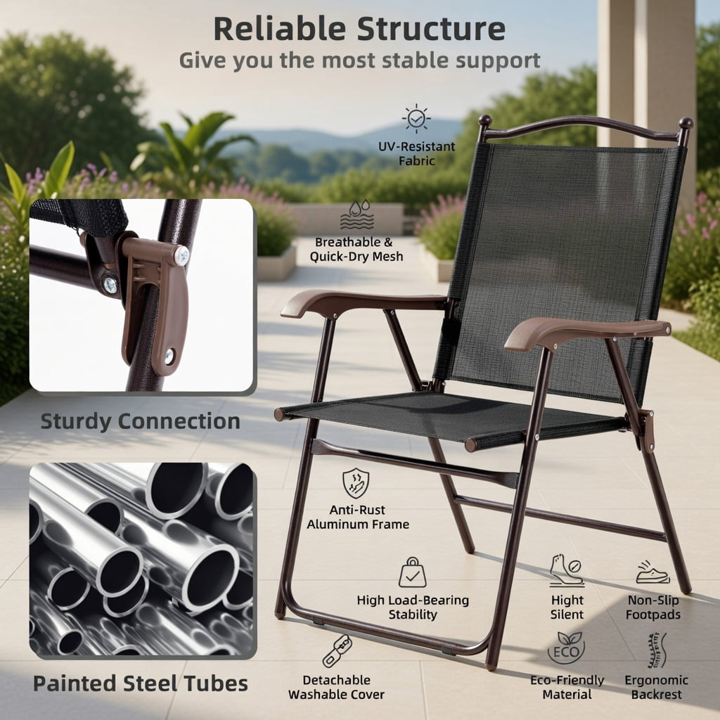 Hommoo 2-Pack Foldable Outdoor Lounge Chairs for Patio, Deck & Camping, Steel Frame, UV-Resistant Textile Sling Back, Compact Storage Design, Brown
