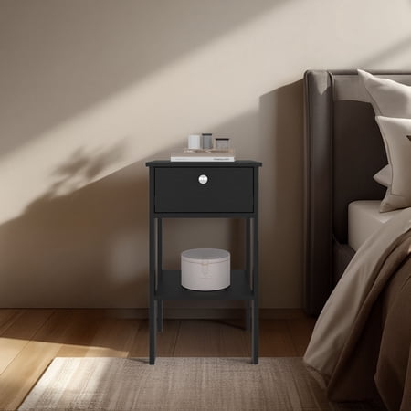 Nightstand with One Drawer and Open Shelf Modern Bedside Table made of Black Wengue Particle Board Compact End Table for Bedroom Guest Room or Living Room Sofa Side Table