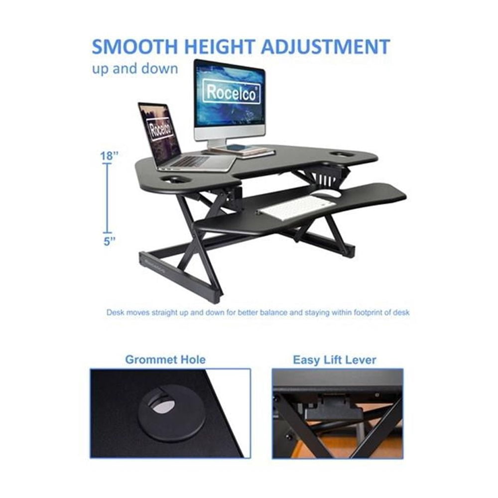 Pemberly Row Adj Corner Standing Desk Converter Dual Monitor Arm Bundle Black