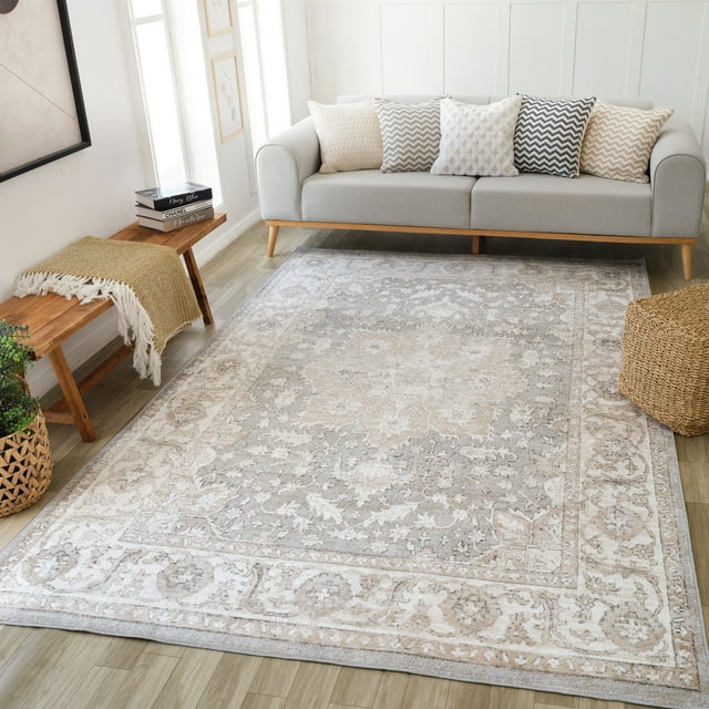Vintage beige and grey oriental area rug with intricate floral designs placed in a modern living room under a light gray sofa.