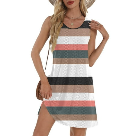 GXIPO Eyelet Swim Dress for Women Swimwear Sleeveless Sundresses Summer Dresses for Women 2025 Vacation Bathing Suit Cover Up Bikini Beach Cover Up Striped Swing Flowy with Pockets Light Brown S