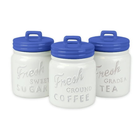 Ceramic Tea Coffee And Sugar Jars DII 3-Piece Vintage, Retro, Farmhouse Chic, Mason Jar Inspired Ceramic Kitchen Canister With Airtight Lid For Food Storage, Store Coffee, Sugar, Tea, Spices and More - Blueberry ()