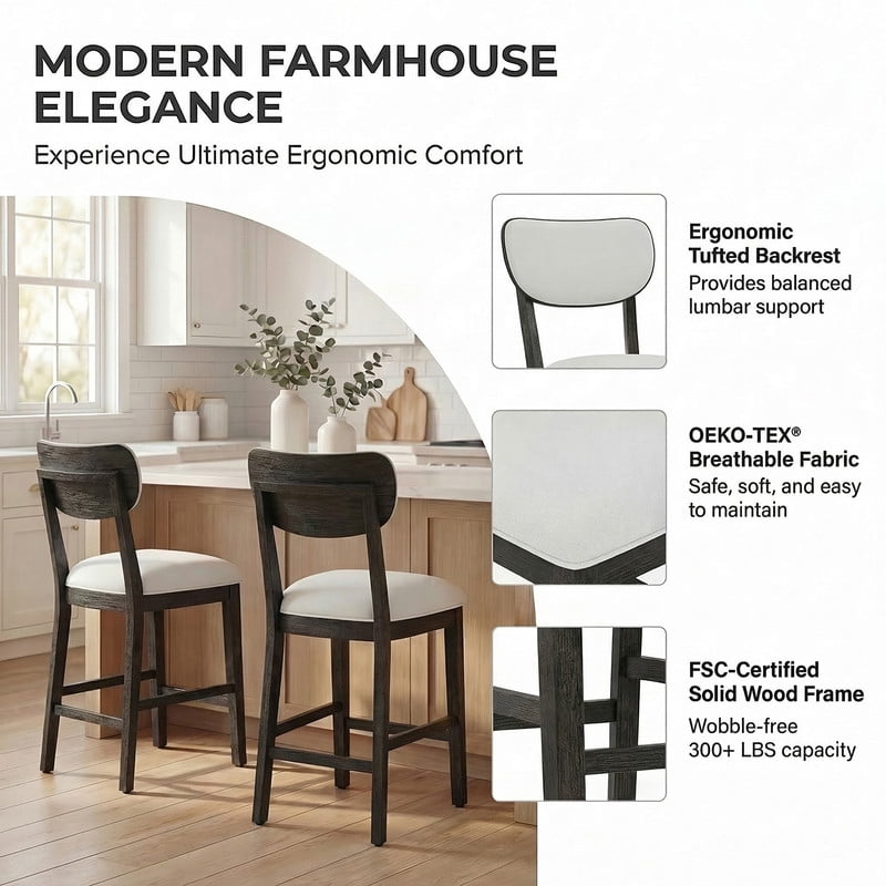 COLAMY Set of 6 Modern Farmhouse Bar Stools, 25.6" Counter Height Solid Wood Upholstered Barstools with Back, Padded Fabric Kitchen Dining Stools, Black