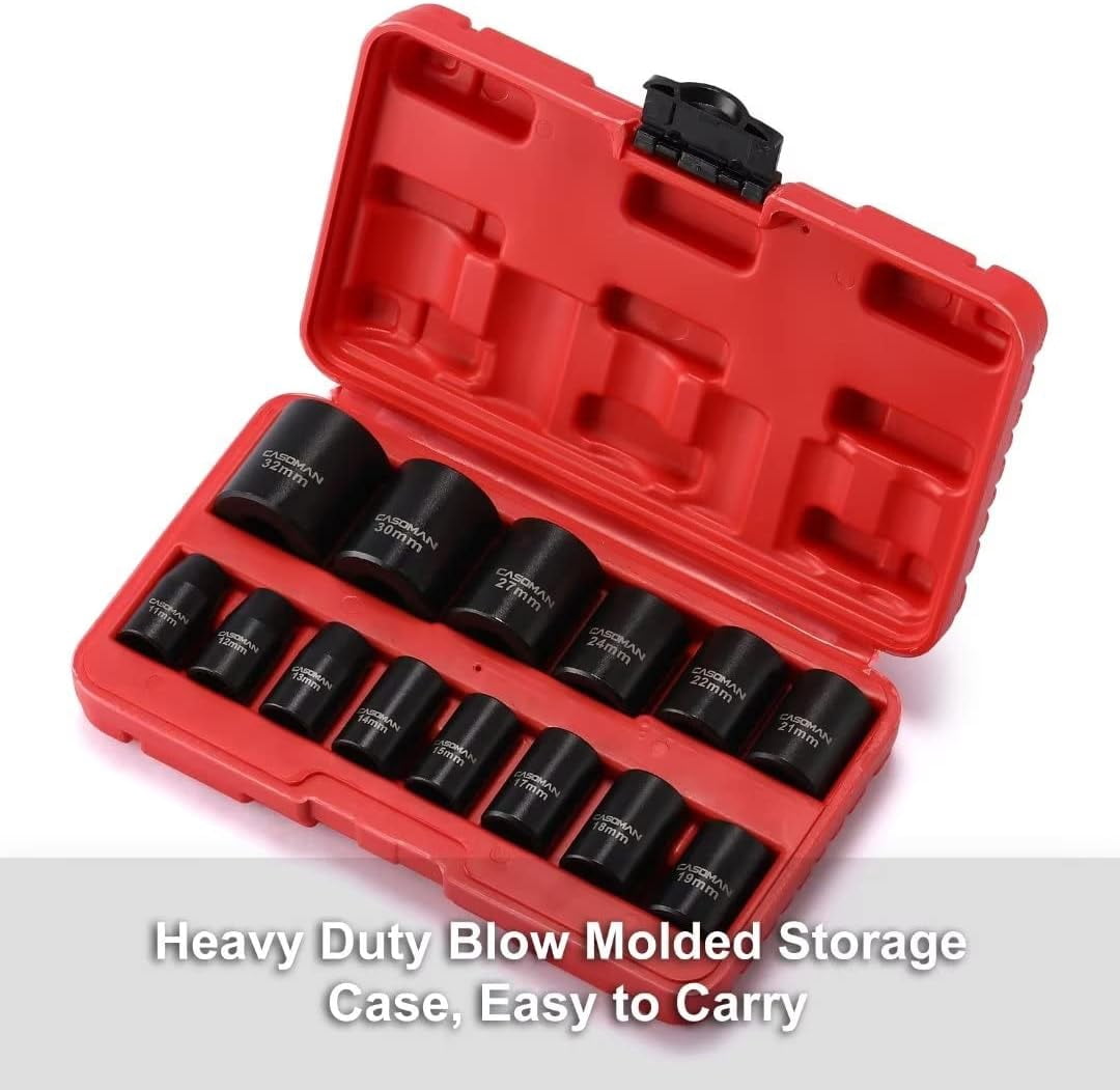 CASOMAN Pro 14 Pieces 1/2-Inch Drive Shallow Impact Socket Set, Metric, 6-Point, 11mm to 32mm