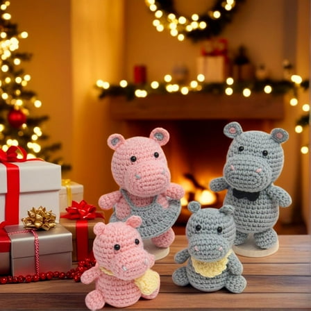 QHUDLV KRONDO Crochet Kit for Beginner, Hippo Family DIY Crochet Set with 4 Colors Yarn, Tools & Step-by-Step Video Tutorials, 40 Yarn for Beginners, Crochet Gifts for Adults Kids Craft Lovers
