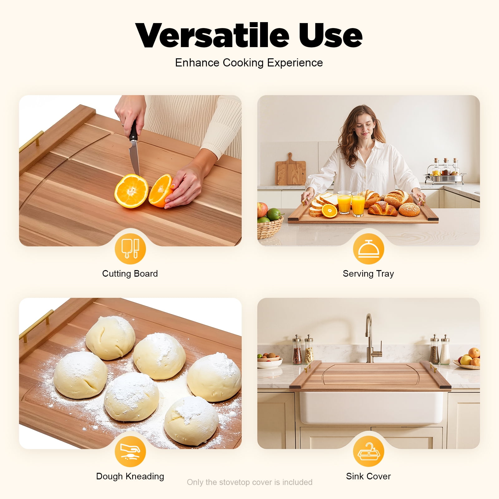 Peakora Wood Stove Top Cover Multifunctional Noodle Board Stove Cover with Built-In Handles 30*22in Cooktop Cover for Home Kitchens, Restaurants Log Color