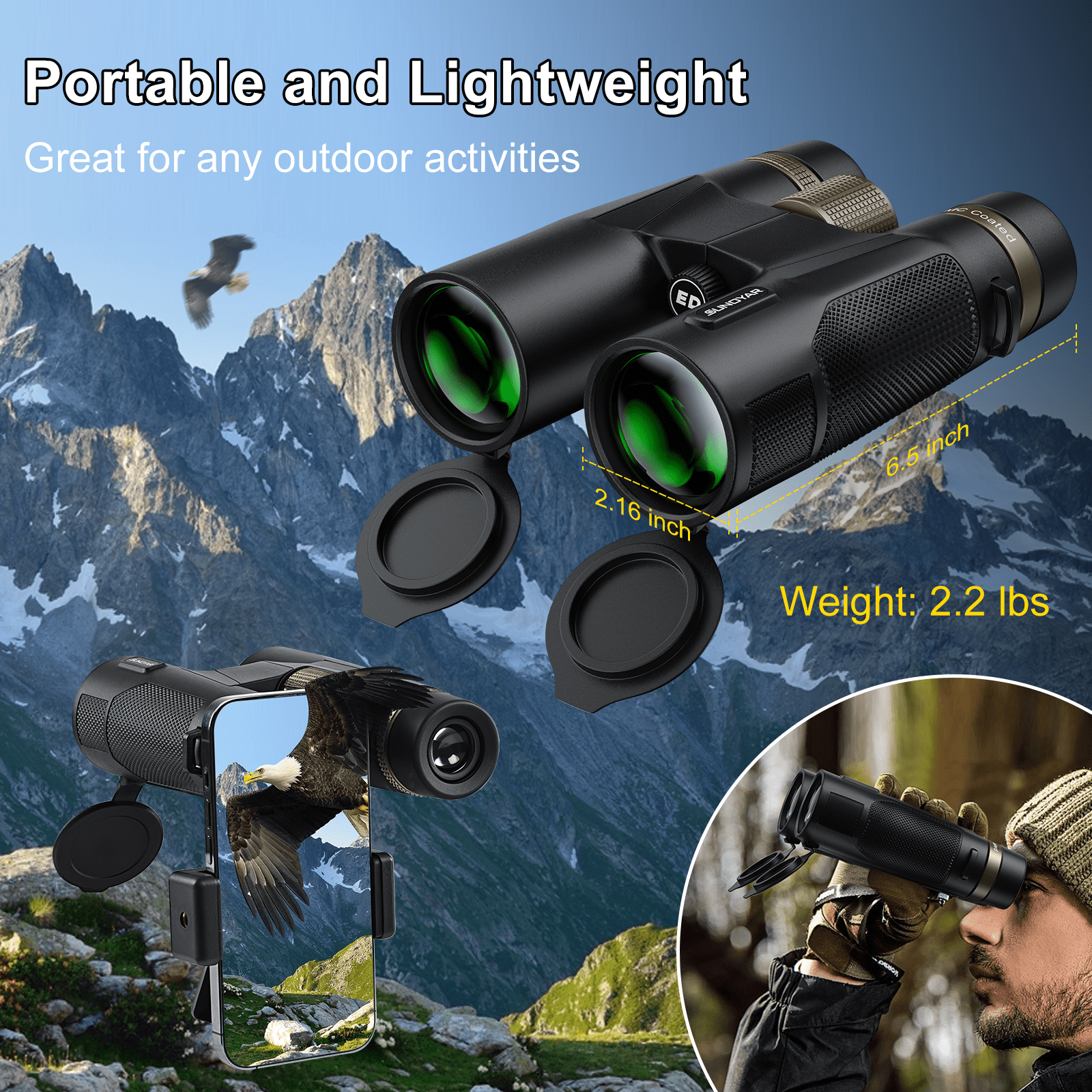 SUNOYAR 10x42 ED Binoculars for Adults, HD Professional Binoculars with Extra-Low Dispersion Glass, BAK4 Prism, Waterproof Binoculars with Phone Adapter & Case for Bird Watching, Hiking, Travel