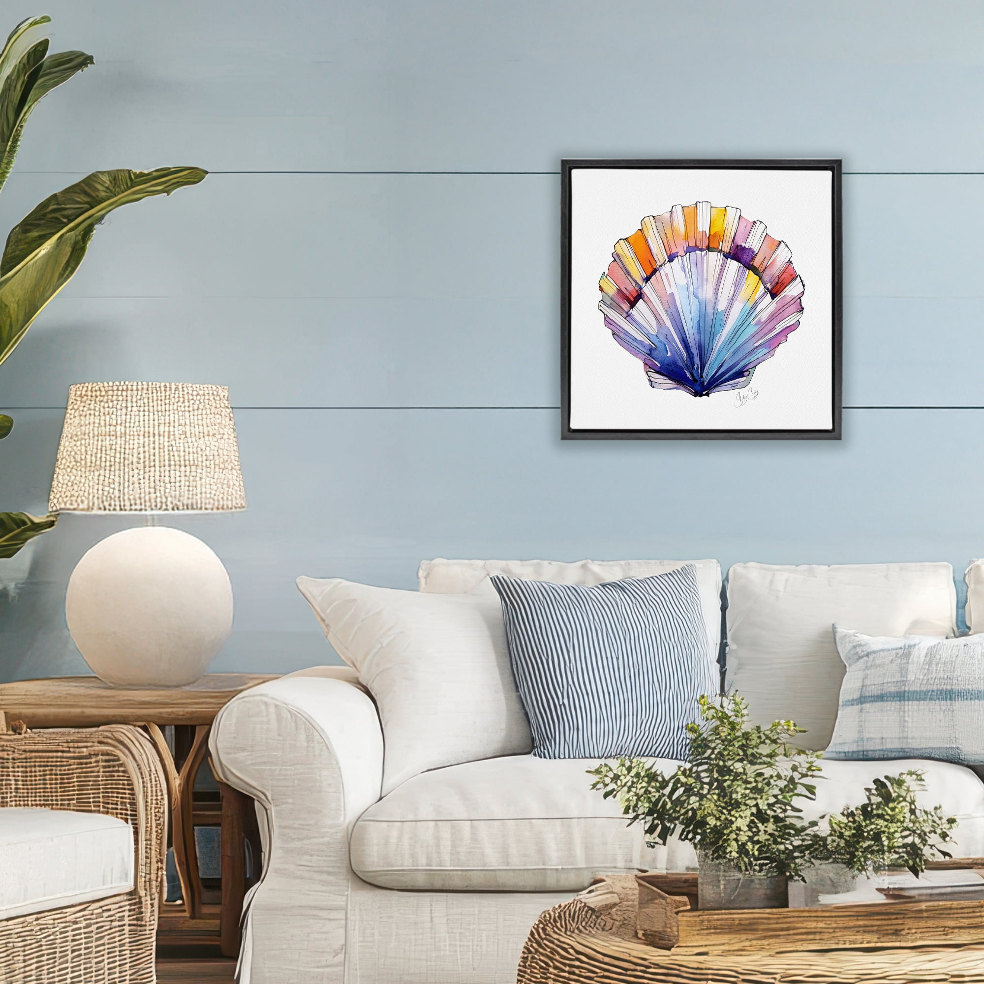 Stupell Industries Coastal Scallop Watercolor Black Framed Floater Canvas Wall Art, design by Shelly Craig