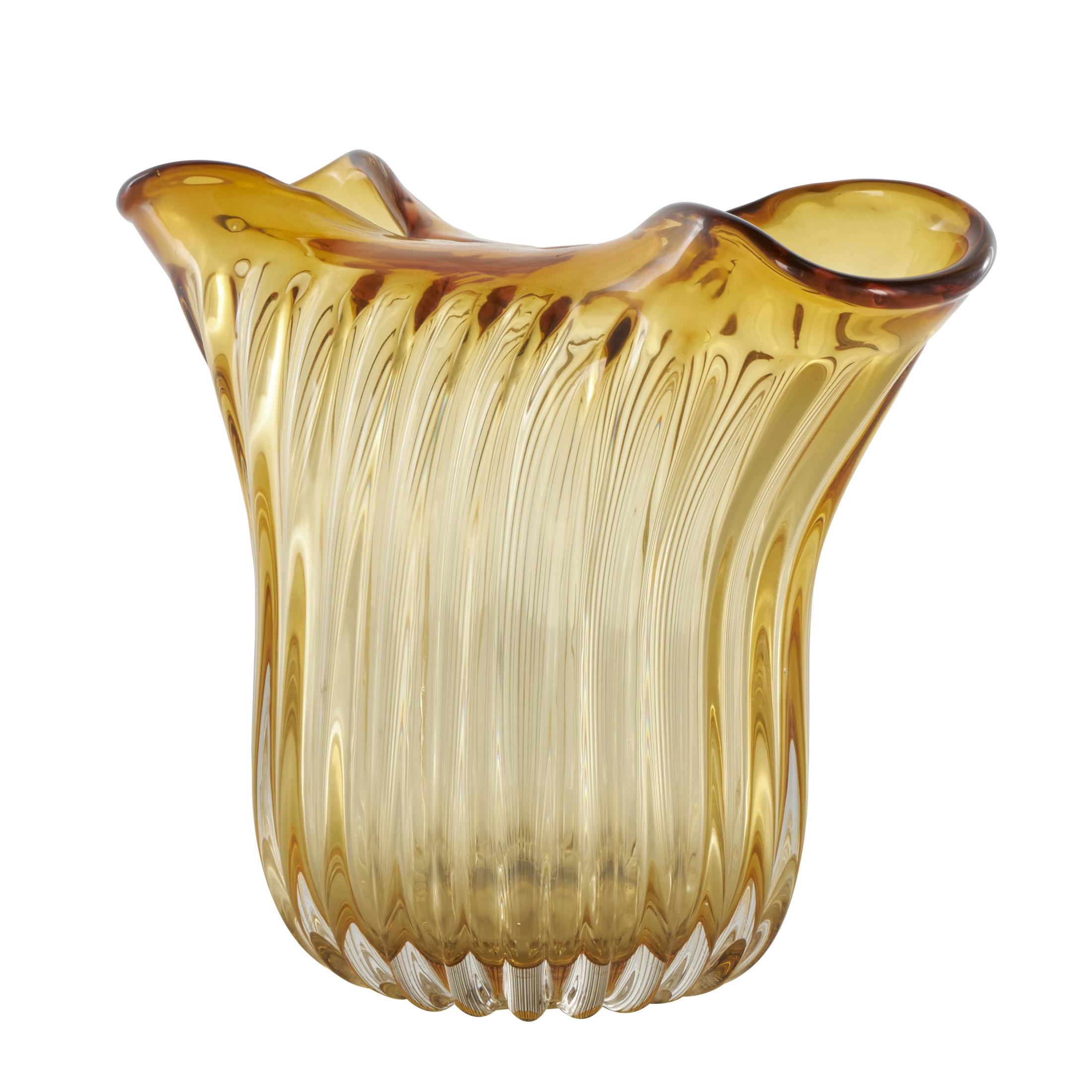 DecMode 7" Oval Ribbed Ombre Abstract Orange Glass Decorative Bowl with Folded Curve Opening