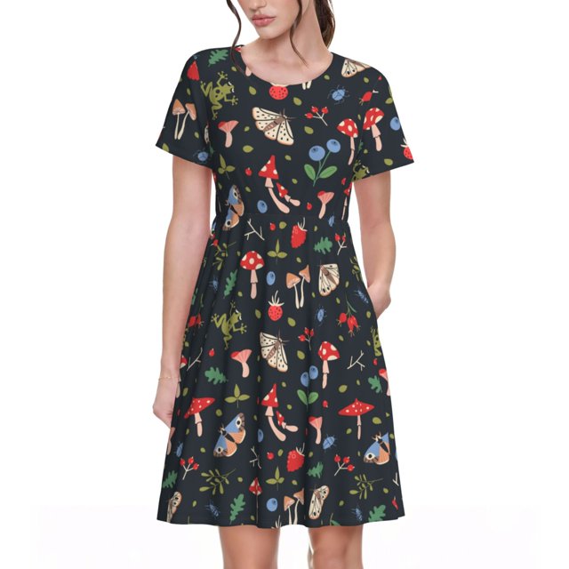 Easygdp Forest Flora and Insects para Vestido Transpirable de Mujer, Vestido Suelto de Manga Corta con Pliegues y Bolsillos para el Verano
