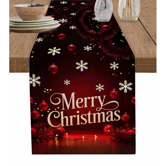 Table Runners 36 Inches Long Dress Scarves, Merry Christmas Farmhouse Kitchen/Dining Table Runner, Short Coffee Tablerunners, Vintage Red Ball Xmas Snowflakes Holiday 13x36 Inch