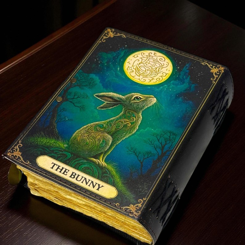Handmade Bunny Leather Grimoire – 5x7 Inch Journal, 200 Handmade Deckle Pages, Vintage Witchy Notebook, Wiccan Pagan Book of Shadows