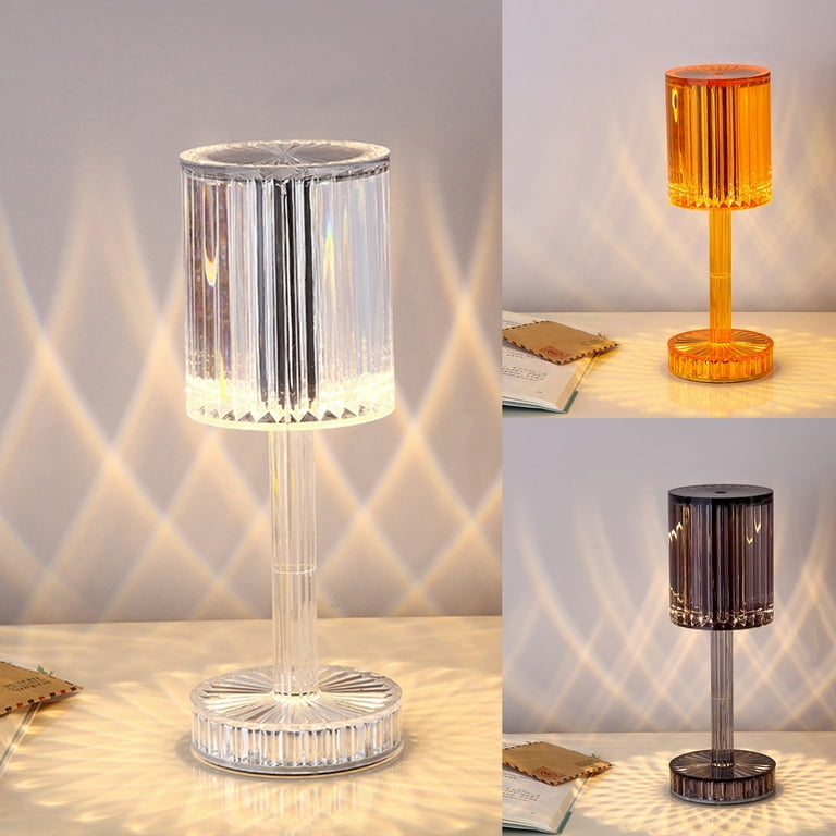 Crystal Table Lamp 3-Way Dimmable Color Touch Control USB Rechargeable Cordless Acrylic Diamond Nightstand Light - Clear