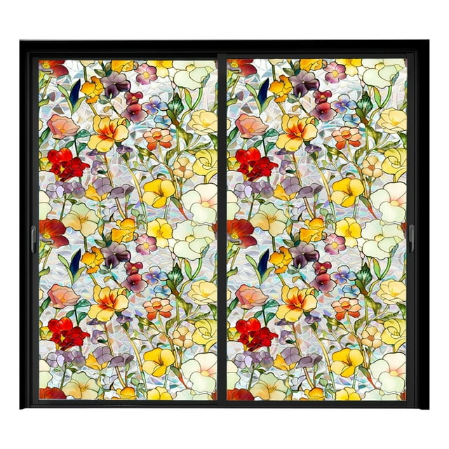 Rainbow Floral Static Cling Window Film Removable Decal For Glass Doors (100x43cm) | No Re Sidue Privacy Sticker 4 Botanical Designs (Pattern Varies) Decals for Boys Room Room Cool Decorations Foil