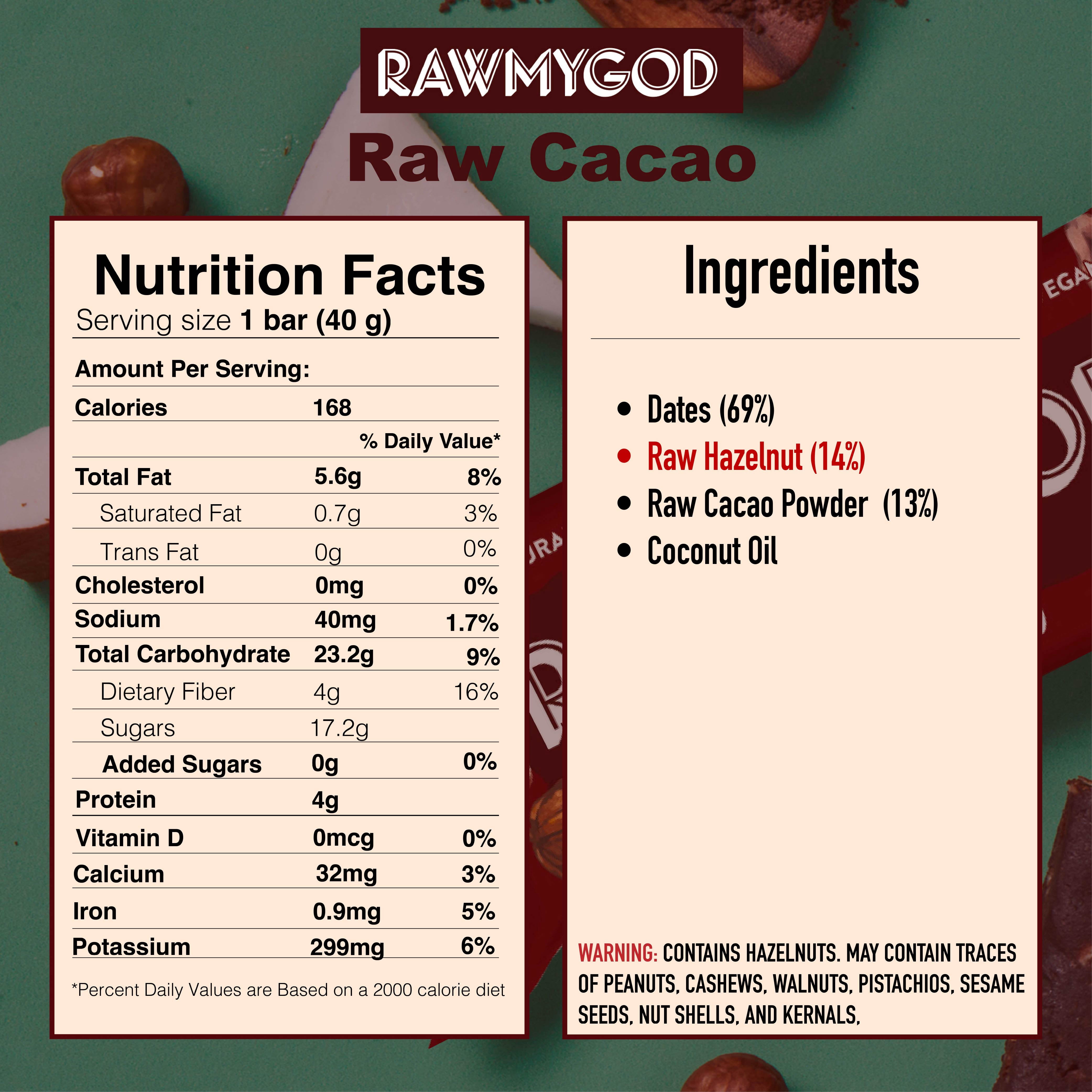 RAWMYGOD Raw Fruit and Nut Bar Raw Cacao, Gluten Free, Vegan, No Added Sugar, 16 Pack, 168 Calories per Bar