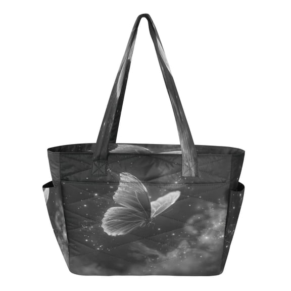 Quilted Tote Bag Large Capacity Multi-Compartment Handbag Lightweight Structured Shoulder Bag Versatile Casual Bag Silver-glittering Butterfly Pattern