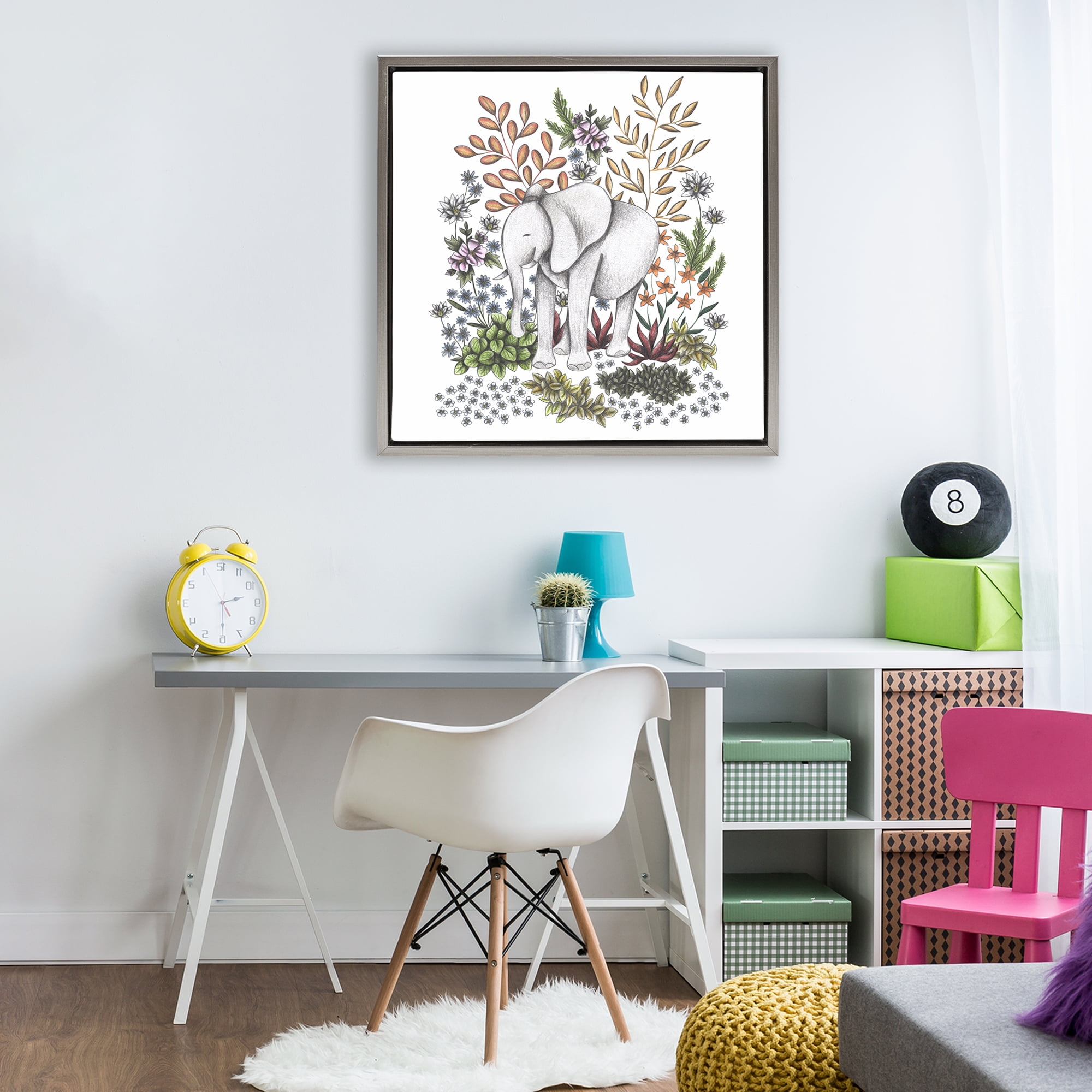 Jungle Wildlife Elephant Gray Framed Floater Canvas Wall Art, design by Cecilia Battaini