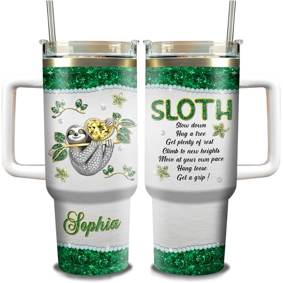 Personalized Sloth Lover Tumbler 40oz with Handle and Straw Custom Name Jewelry Style Wall Vacuum Insulated Travel Mug Gift Ideas Christmas Birthday