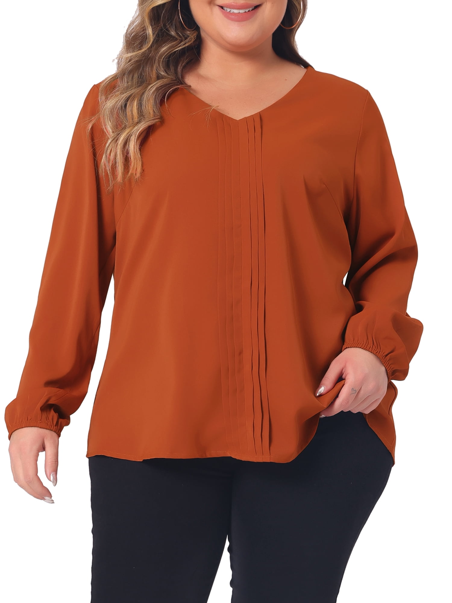Unique Bargains Women's Plus Size Long Sleeve V Neck Chiffon Pleated Front Tops 3X Caramel