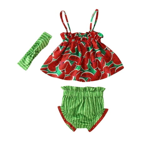 

Toddler Girls Casual Sleeveless Fruit Watermelon Printed Cute Printed Tops Shorts Headbands 3PCS Outfits Clothes Set Baby Fashion Dailywear Child Clothing