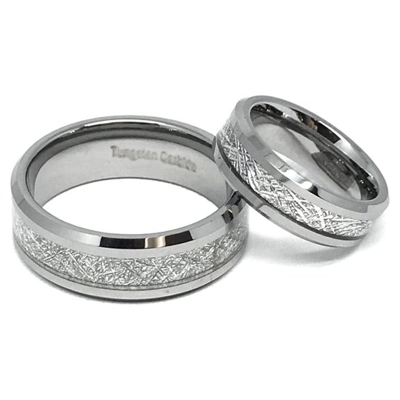 Matching Mens and Ladies Beveled Edge with Meteorite Inlay Tungsten Carbide Wedding Band Ring Set