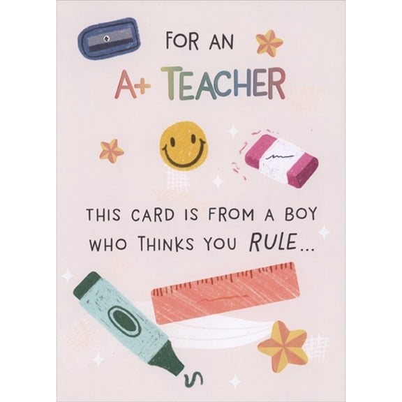 Designer Greetings For An A Teacher from a Boy Who Thinks You Rule Juvenile Teacher Thank You / Appreciation Card