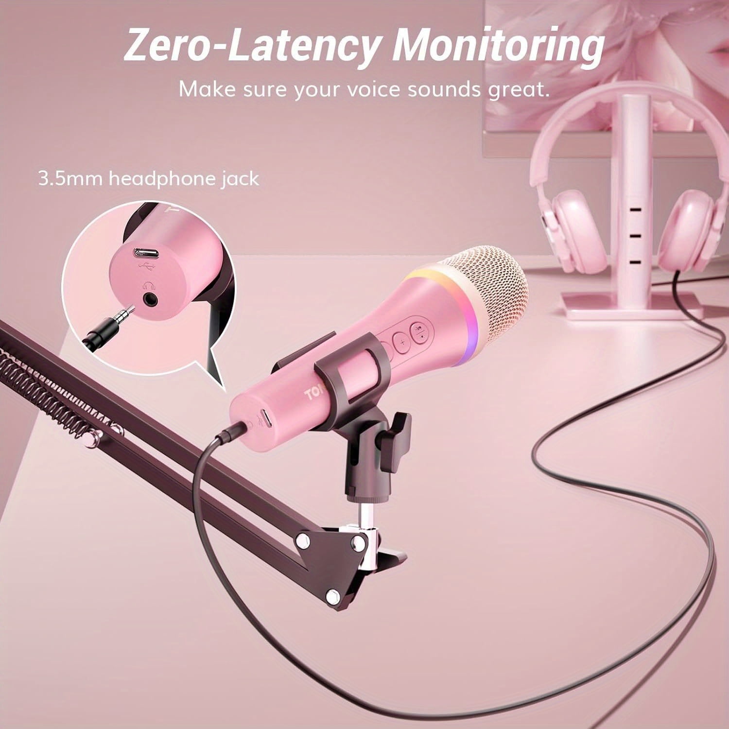 USB Dynamic Microphone for Podcast Gaming Mic with RGB for Recording Live Streaming Singing Studio Microfono with Quick Mute& Boom Arm Compatible with PC/ Cellphone TypeC