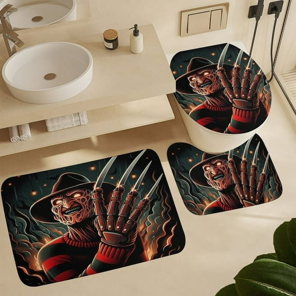 Freddy Krueger Bathroom Rug Set 3 Halloween Bath Mats Coral Velvet Cover Floor Mat U-Shaped Shower Mat Toilet Lid Cover 16x24inch