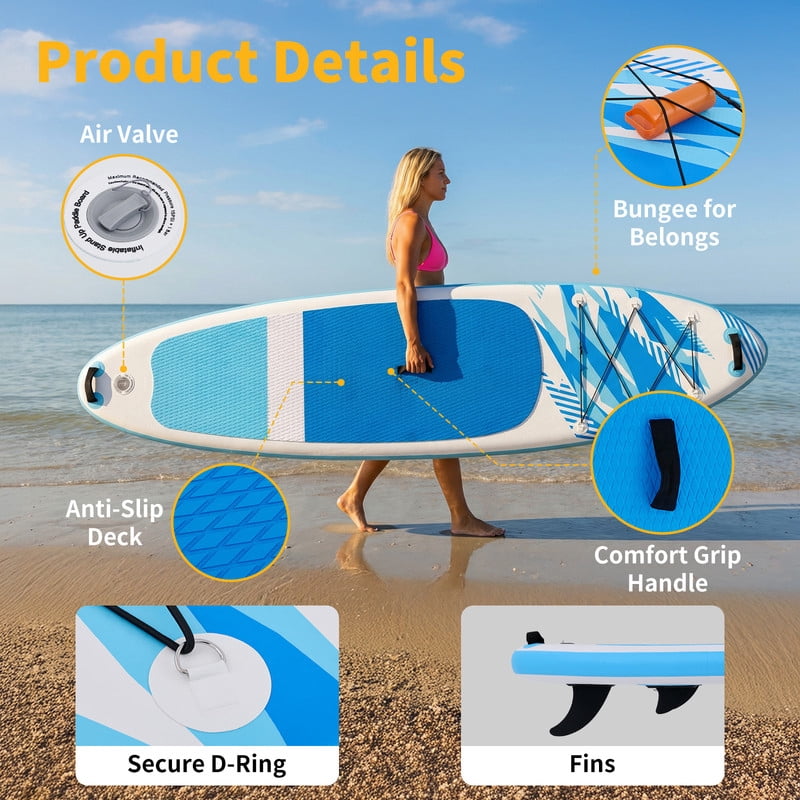 Gianna Inflatable Stand Up Paddle Board 10'6", Non-Slip EVA Deck with SUP Accessories, Wide Stable Design, Leash, Backpack & Pump for Adults & Youth of All Skill Levels，Blue and White
