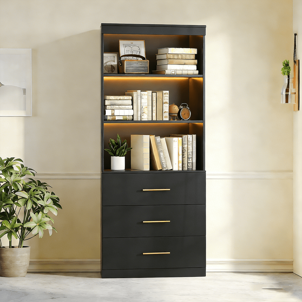 Frmobepts 71" Tall Bookcases with 3 Large Drawers & 3 Shelves, Wooden Bookshelf for Living Room Office, Black