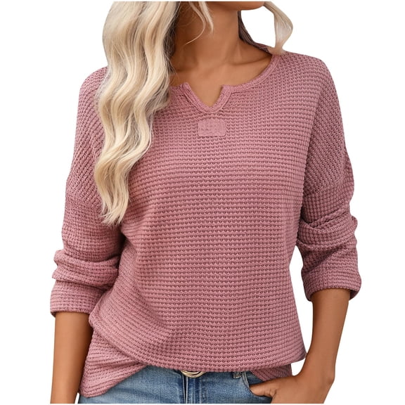 JGGSPWM Women’s Waffle Knit Henley Top, V Neck Long Sleeve Loose Fit Casual Sweaters for Women, Fall Winter Pullover Tops Pink XL