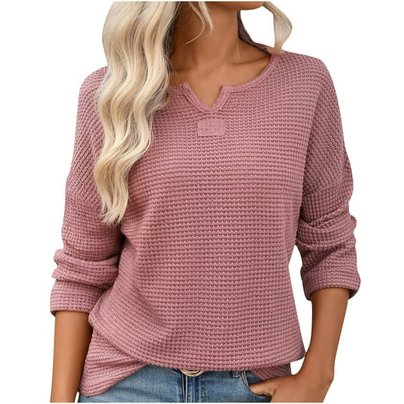 Gpaecead Women's Waffle Knit Pullover Top - Textured Casual Long Sleeve Shirt Pink