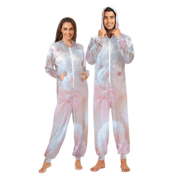 Pink Bears Bows Adult Onesie Pajamas Slim Fit Christmas One Piece Suit Pjs for Women and Men Hooded Zipper