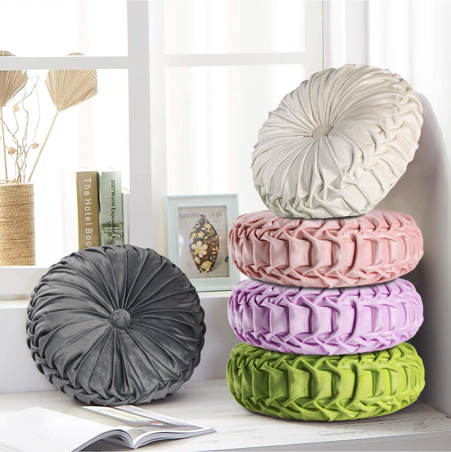 HIG Set of 2 Pumpkin Pleated Round Throw Pillows, Soft Velvet, Beige, 14.5" Diameter