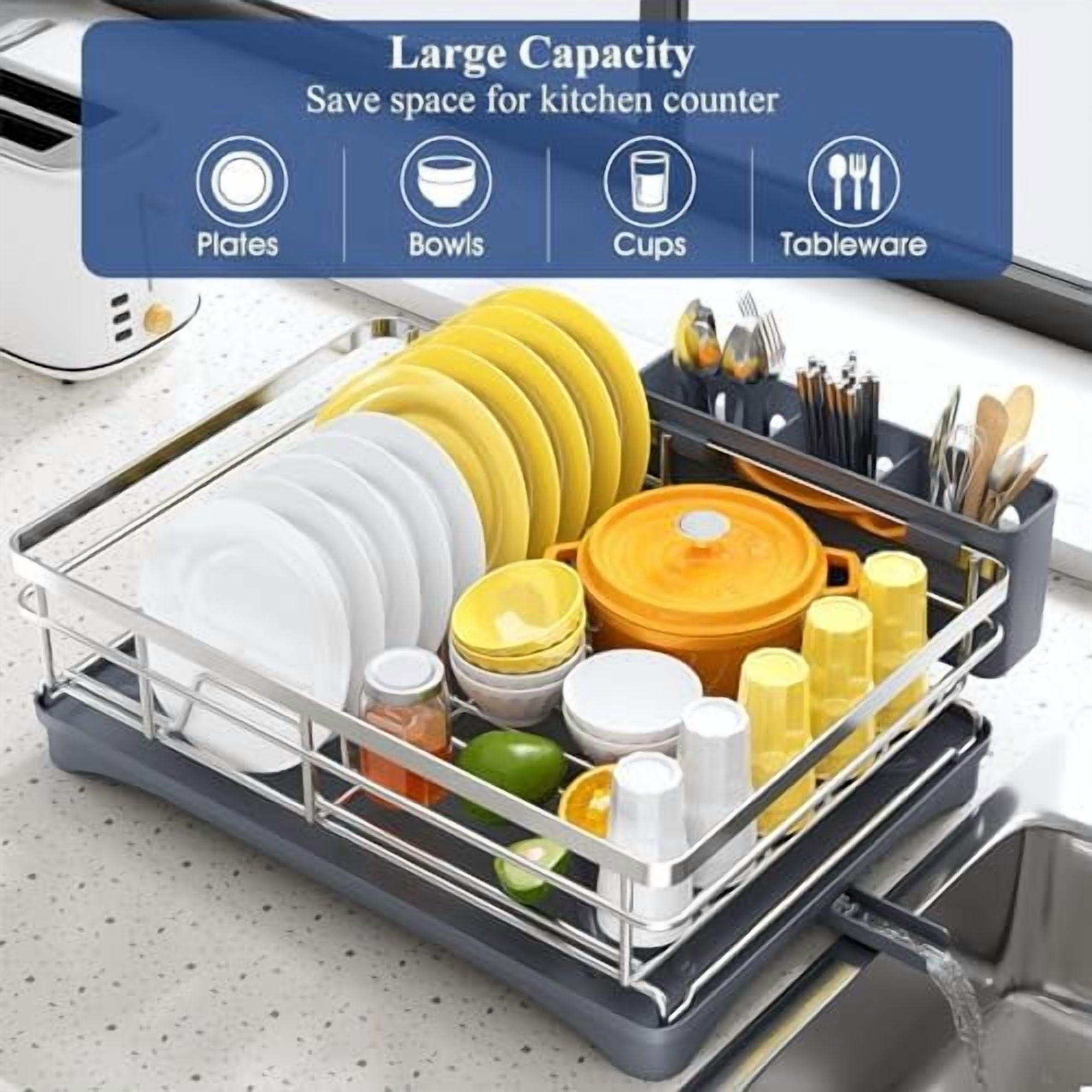 Dish Drying Rack for Kitchen Counter - Stainless Steel Dish Rack with Drainboard, Large Dish Drainer with Utensil Holder for Sink, Silver
