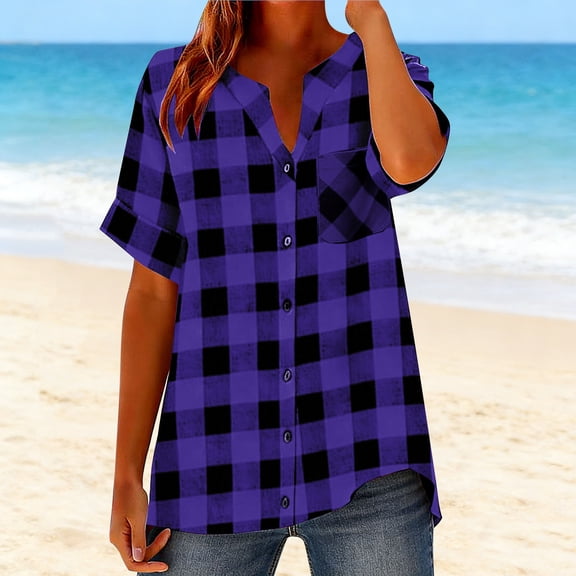 Mifsaly Plaid Button Down Shirts Women V Neck Short Sleeve Dressy Casual Blouses Loose Fit Tunic Work Office Tops Summer Everyday Outfits XXXL