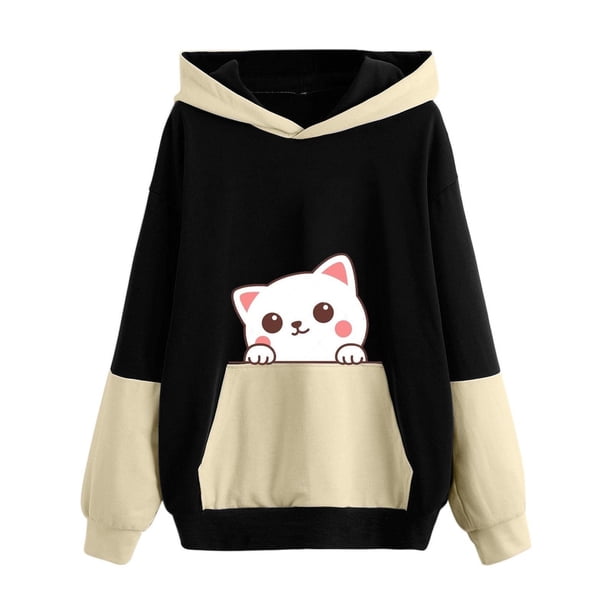 Suéter de otoño e invierno para mujer, con capucha, bonito estampado de mascotas, suéter holgado de gran tamaño con bloques de color Pompotops FGAJ16495