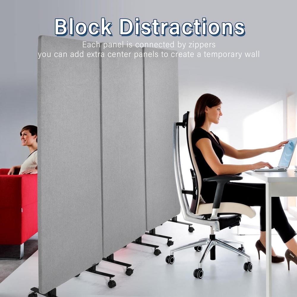 3 Panel Soundproof Room Divider, 76 x 66 Inch Portable Acoustic Partition with Wheels for Office Privacy and Classroom Noise Control (Light Gray)