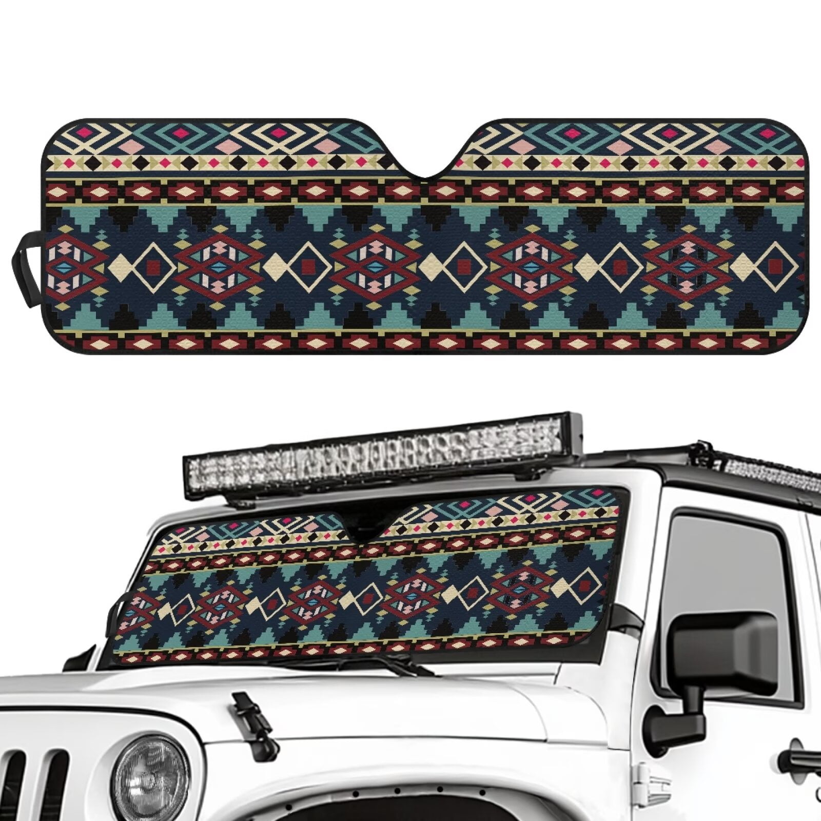 HUIAOCNG Aztec Tribal Windshield Sun Shade for 2018-2024 Jeep Wrangler JL JLU & Gladiator JT, Sunshades Heat Shield, Aluminum Foil Triple Laminate Structure, Silver