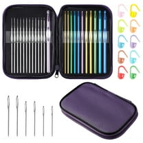 Multi-Color Metallic Crochet Hooks Set, Tomorotec Art Aluminum Knitting Needles for Yarn Craft Set with Sylish Storage Bag, Stitch Markers and Big Eye Needles (Purple Bag)